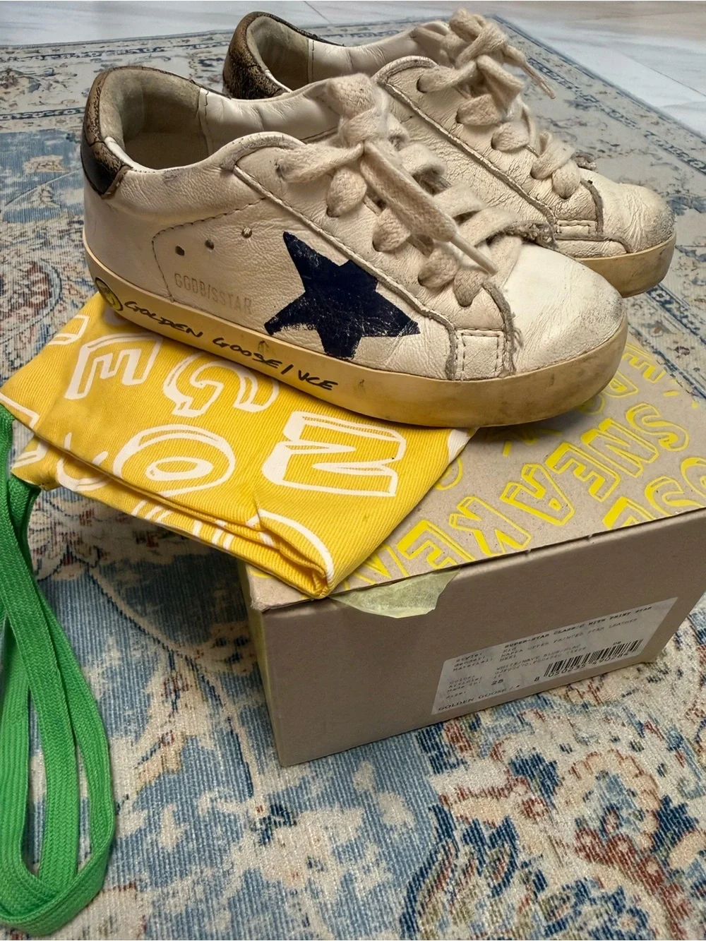 Golden Goose White Leather Sneaker with Navy Star and Cream Details